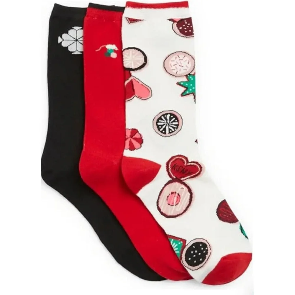 Kate Spade New York 3 Pack Holiday Cookie Crew Socks, Black/Multi